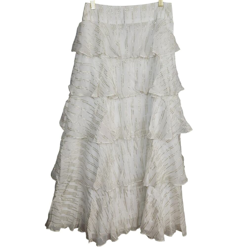 SHORE Coastal Boho Chiffon Maxi Skirt White Metallic Gold sz M | NWT $248 - Picture 2 of 8